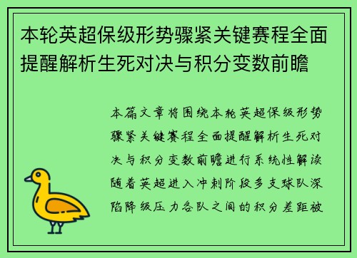 本轮英超保级形势骤紧关键赛程全面提醒解析生死对决与积分变数前瞻 本轮英超保级形势骤紧关键赛程全面提醒解析生死对决与积分变数前瞻