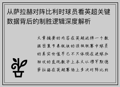 从萨拉赫对阵比利时球员看英超关键数据背后的制胜逻辑深度解析 从萨拉赫对阵比利时球员看英超关键数据背后的制胜逻辑深度解析